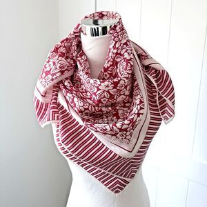 Vintage Adrienne Vittadini 100% Silk Scarf Red White Floral Stripe 34” Hand Roll